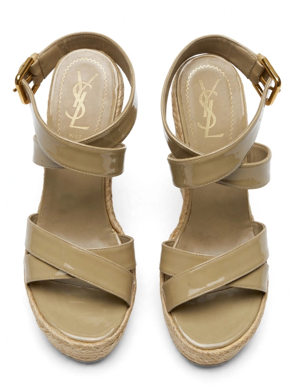 YSL Yves Saint Laurent Beige Patent Leather Espadrille Wedge Sandals 36.5